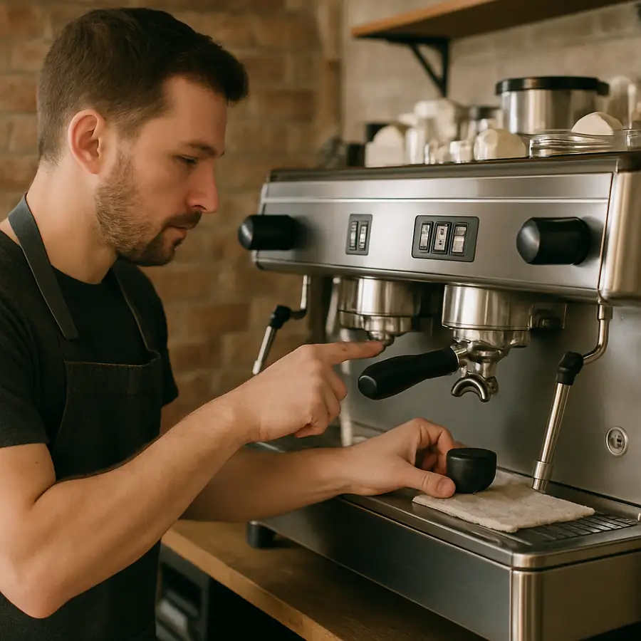 Barista performing daily maintenance and backflushing a commercial espresso machine