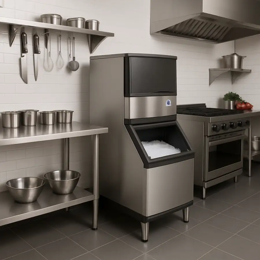A sleek commercial kitchen featuring a modern Manitowoc ice machine