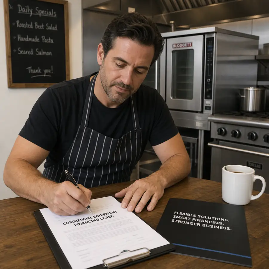 Restaurateur signing paperwork for a commercial equipment financing lease