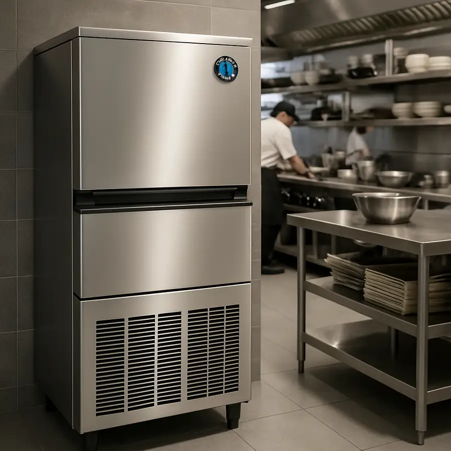 A sleek Hoshizaki ice machine installed in a modern, busy commercial kitchen