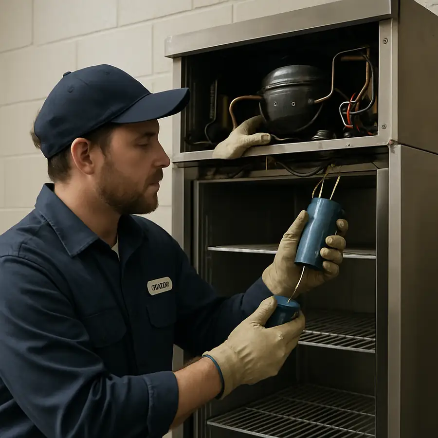 A certified HVAC technician replacing a part on a commercial reach-in refrigerator