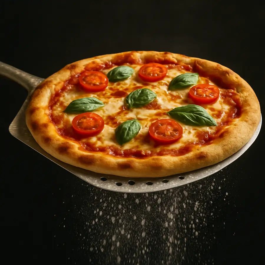 A perforated metal pizza peel with some flour falling through the holes as it holds a pizza.