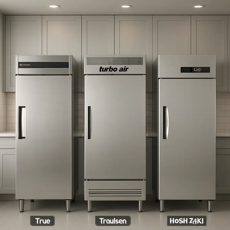 A lineup of top commercial freezer brands in a modern kitchen setting