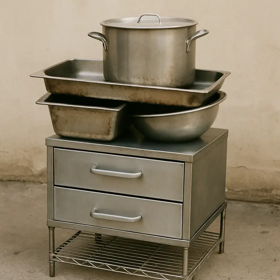 Stack of used kitchen equipment ready for sale