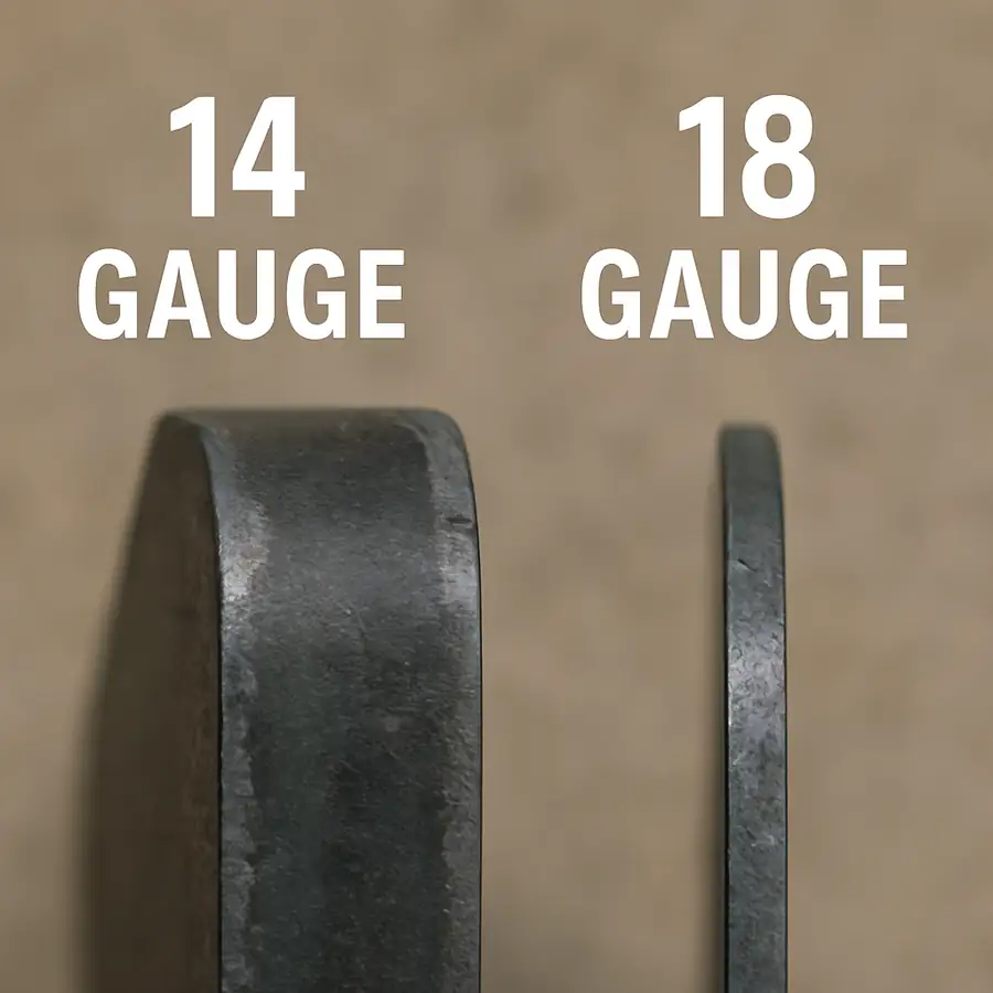 A close-up photo showing the thickness difference between a 14-gauge (thick) and 18-gauge (thin) steel edge.