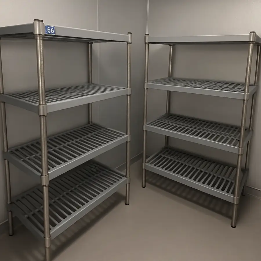 NSF certified stainless steel and polymer shelving units inside a commercial walk-in refrigerator