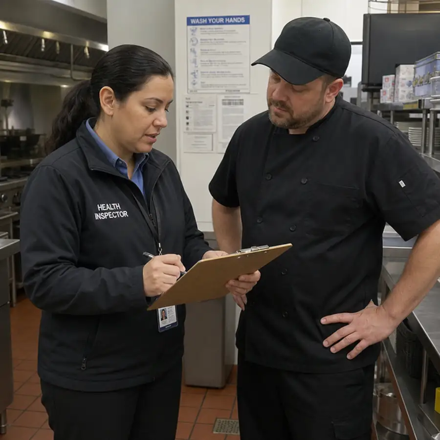 A health inspector reviewing a clipboard with a restaurant manager in a commercial kitchen in ENGLISH