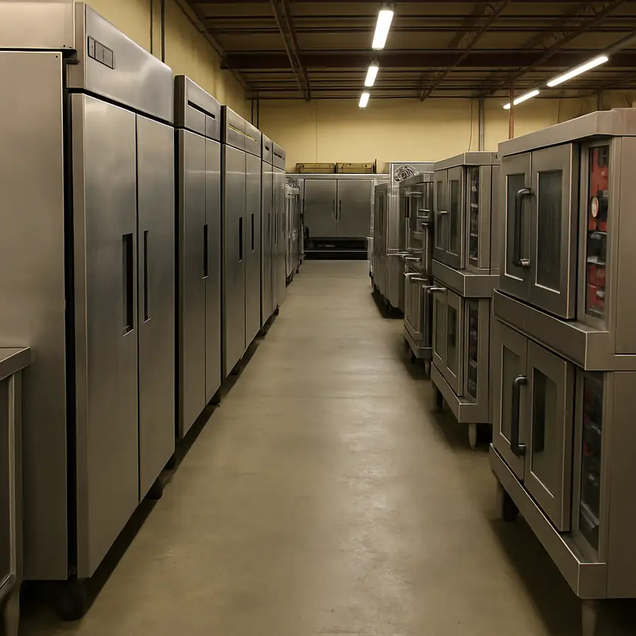 Rows of pre-owned commercial refrigerators and ovens in a restaurant supply warehouse