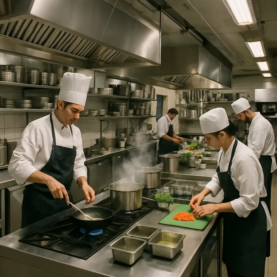 A bustling, modern commercial kitchen with stainless steel equipment and chefs working