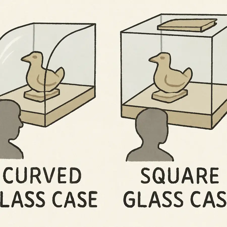A top-down or 3/4 view comparison showing how a curved glass case allows people to see from the side, while a square glass case provides a flat top for extra display space.