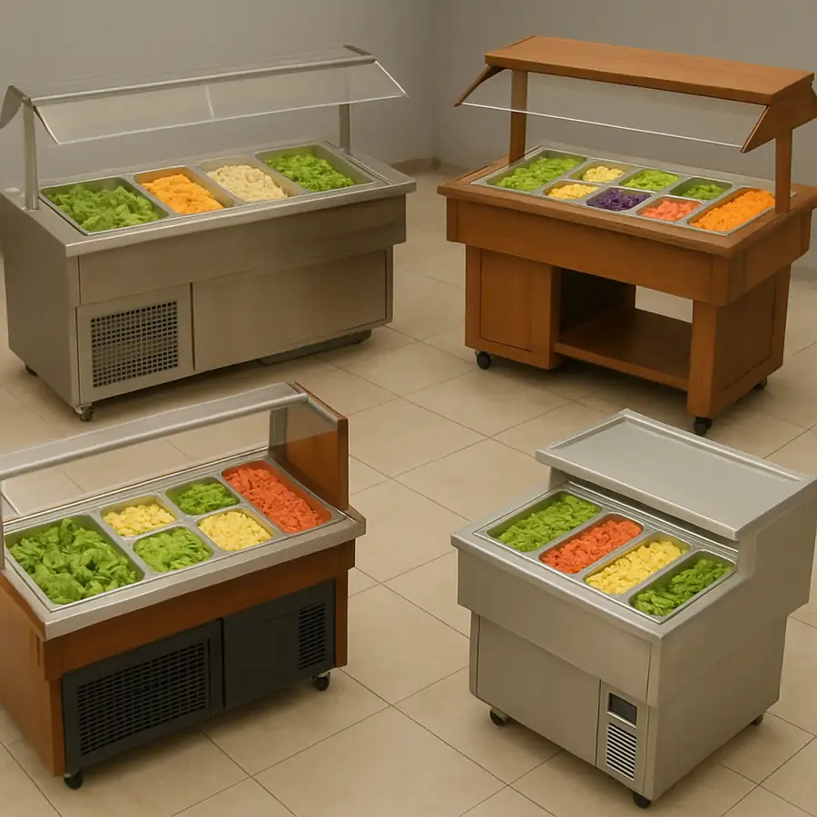 Image of various types of salad bar fridges in a commercial setting