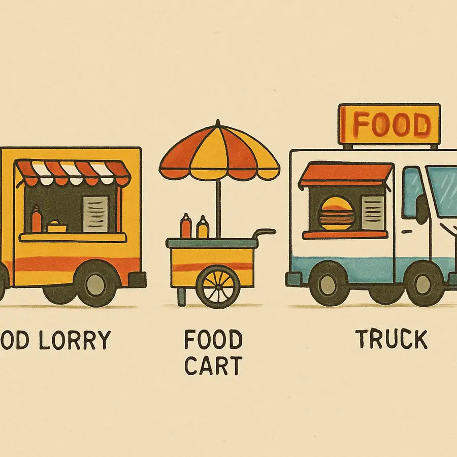 An illustration showing a food lorry, food cart, and food truck side by side