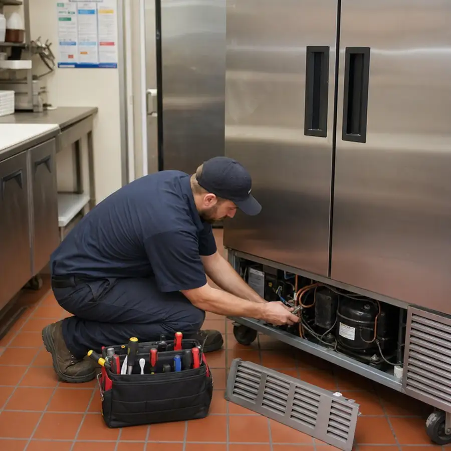 A technician performing routine maintenance on a commercial refrigerator