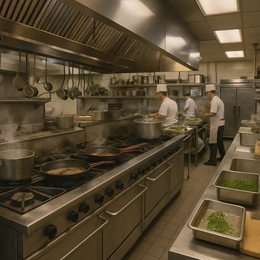 A bustling commercial kitchen with various cooking equipment