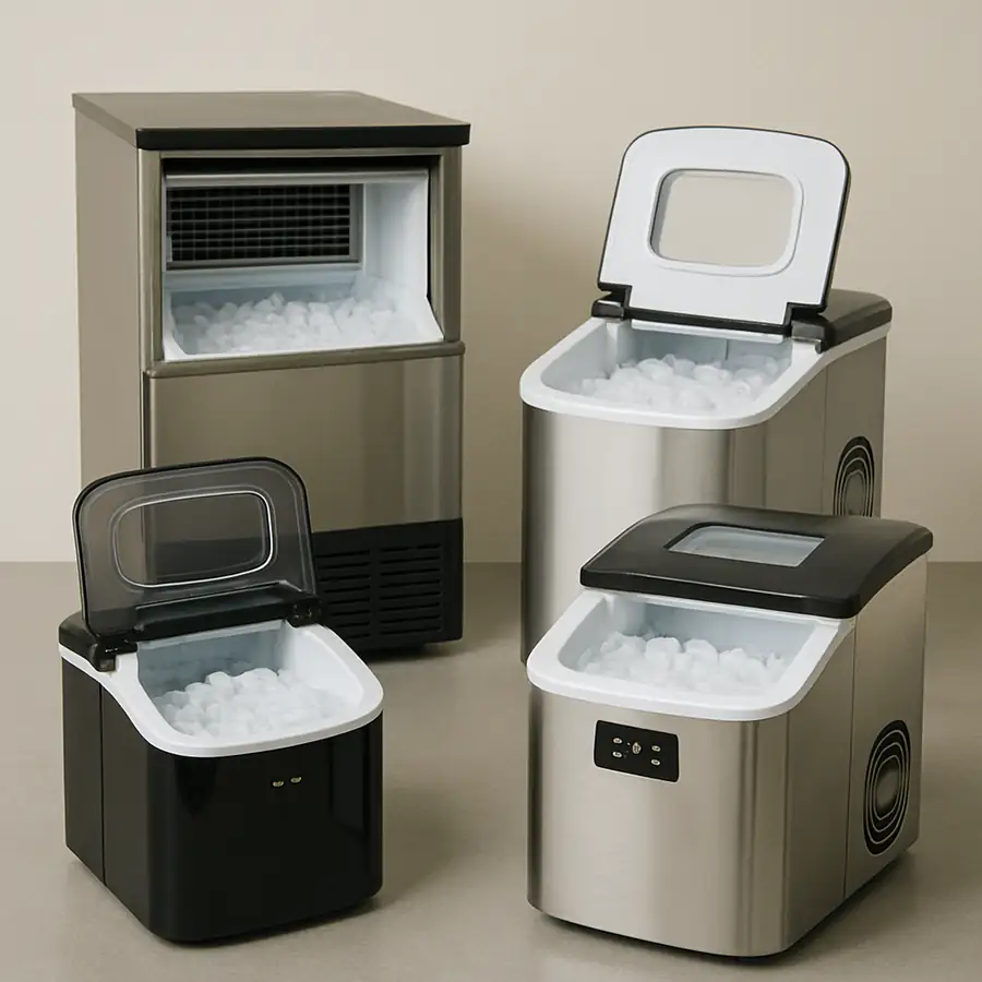 A variety of ice makers including undercounter, portable, compact, and countertop models