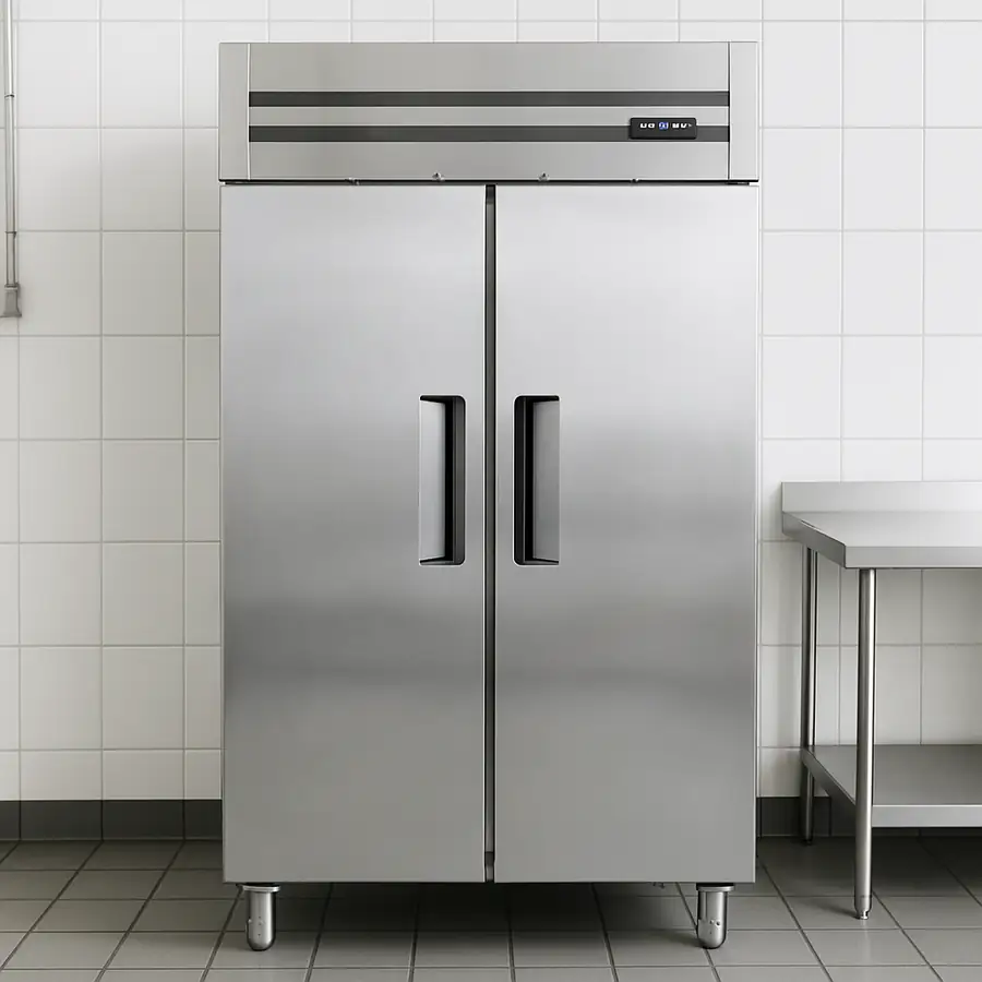 A simple, clean photo of a two-door stainless steel reach-in refrigerator in a commercial kitchen setting.