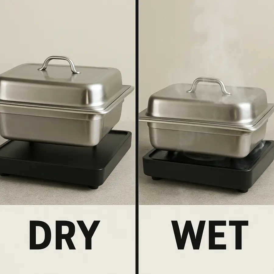 A side-by-side comparison showing a 'dry' warming tray and a 'wet' Bain-marie setup with steam rising.
