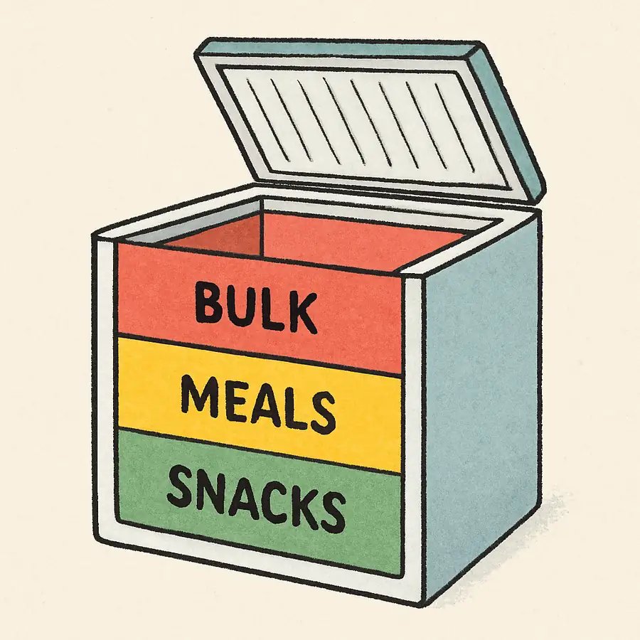 A cross-section illustration of a chest freezer showing three distinct colored zones (Red for bulk, Yellow for meals, Green for snacks).