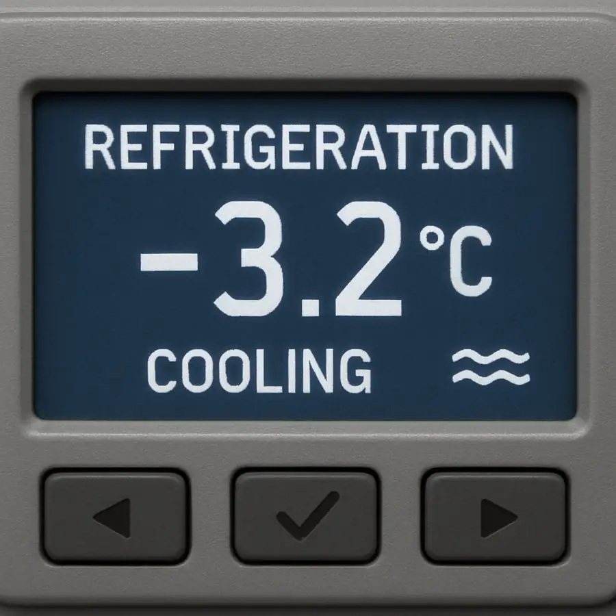 A close up of a digital refrigeration temperature monitoring system displaying optimal cooling levels