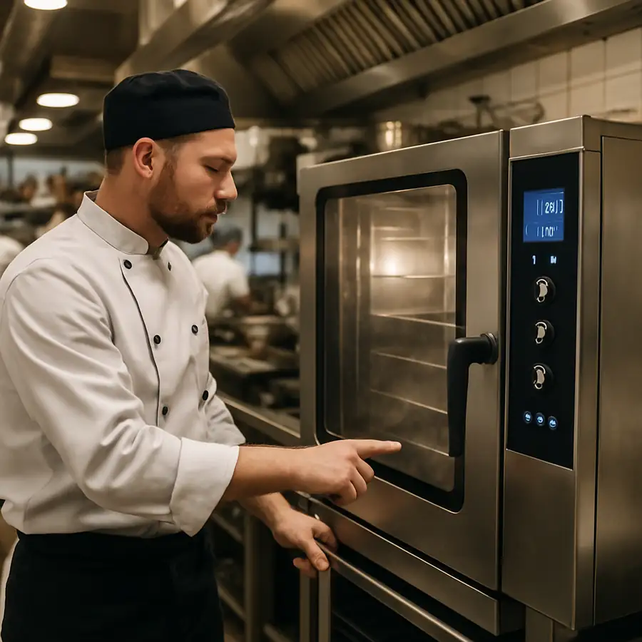A professional chef operating a modern commercial combi oven in a busy restaurant kitchen