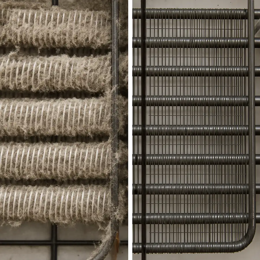 A comparison of dirty and clean commercial ice machine condenser coils.