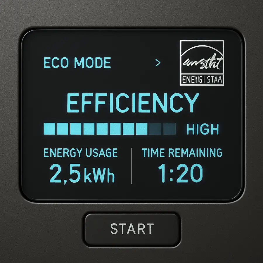 A close-up of a modern, digital control panel on an Energy Star rated appliance showing efficiency metrics.