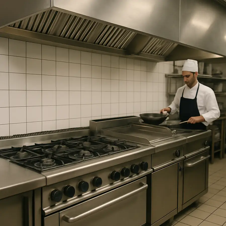 A clean, stainless steel commercial kitchen line with a focused chef in the background, showing the scale difference from a home kitchen.