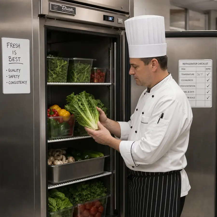 Chef inspecting fresh produce inside a stainless steel commercial reach-in refrigerator in English