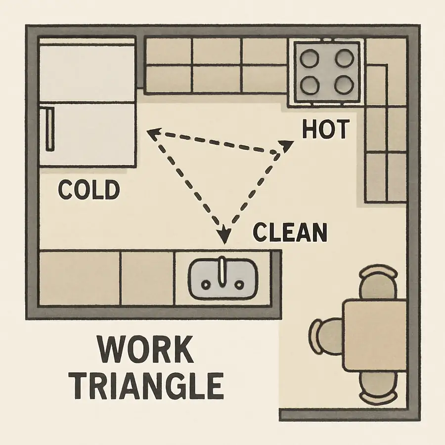 A top-down floor plan view of a kitchen showing the 'work triangle' between cold, hot, and clean stations.