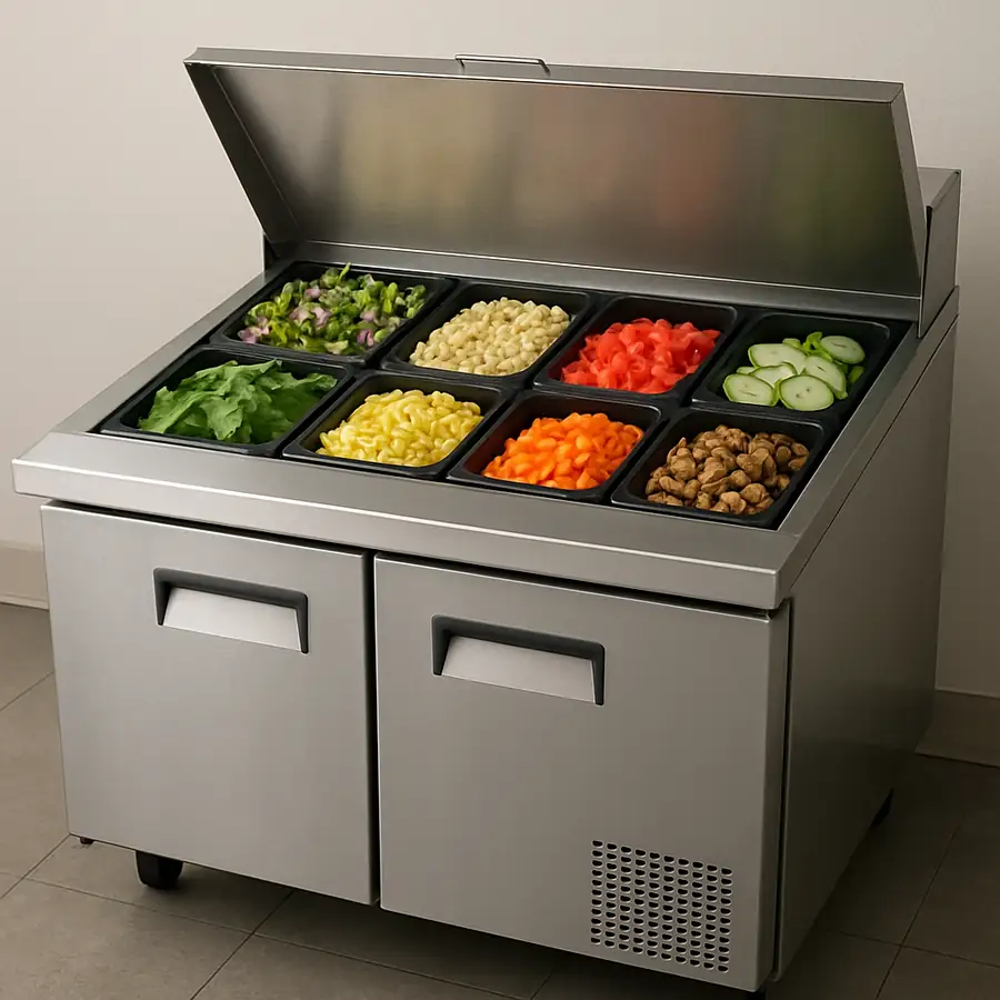 Image of a commercial salad bar refrigerator with salads and toppings