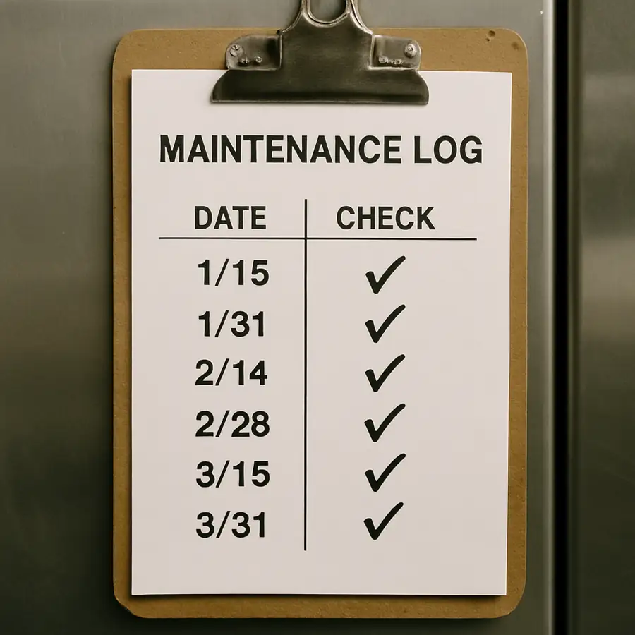 A close-up of a maintenance log sheet attached to a commercial appliance, showing clear dates and checkmarks.