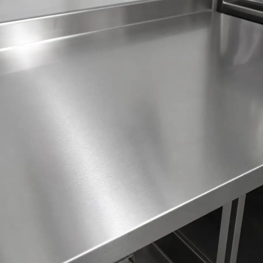 Close up of a shiny, clean stainless steel commercial kitchen counter