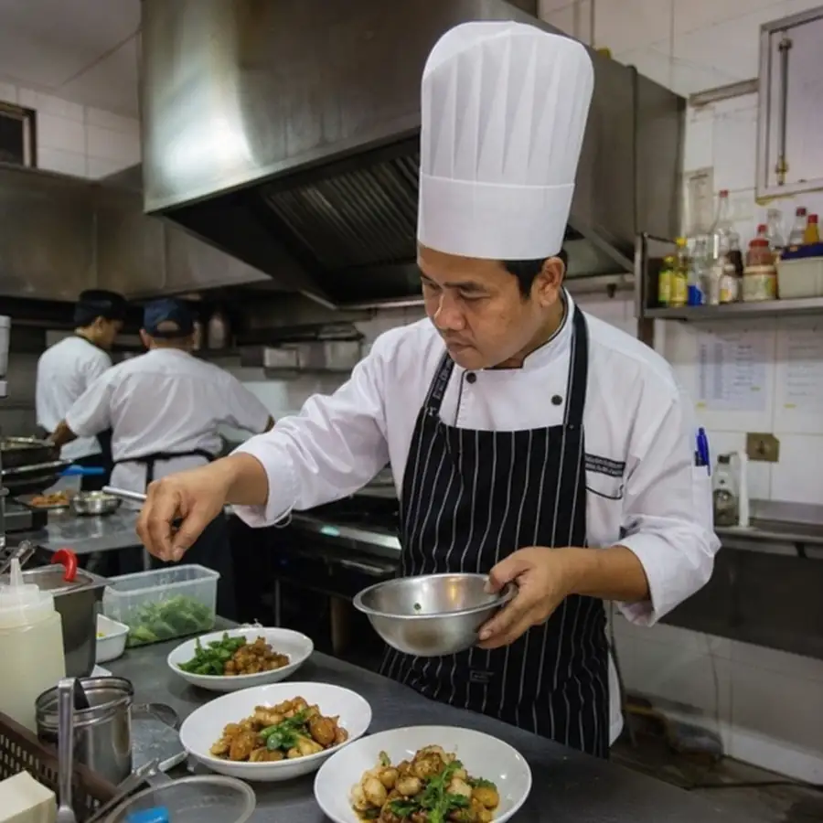 Chef using professional cooking gear and affordable culinary tools in a busy restaurant