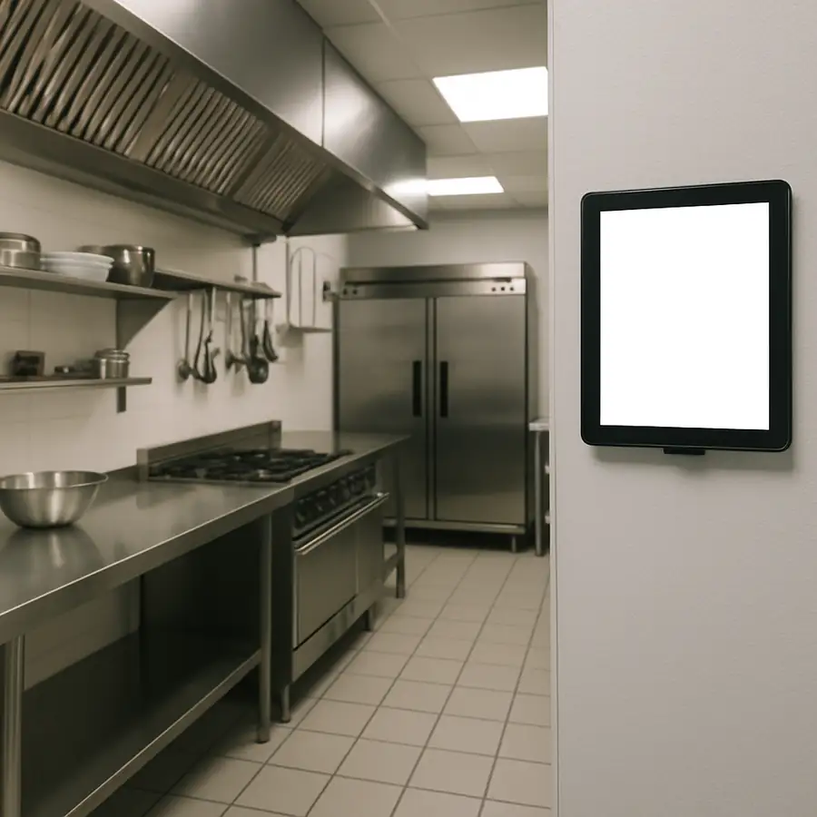 A clean, wide-angle shot of a modern commercial kitchen with stainless steel surfaces and a digital tablet mounted on the wall.
