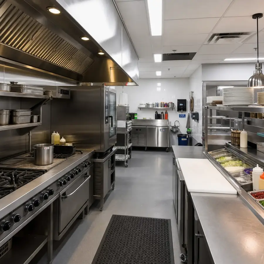 A modern, well-lit commercial restaurant kitchen showing stainless steel equipment