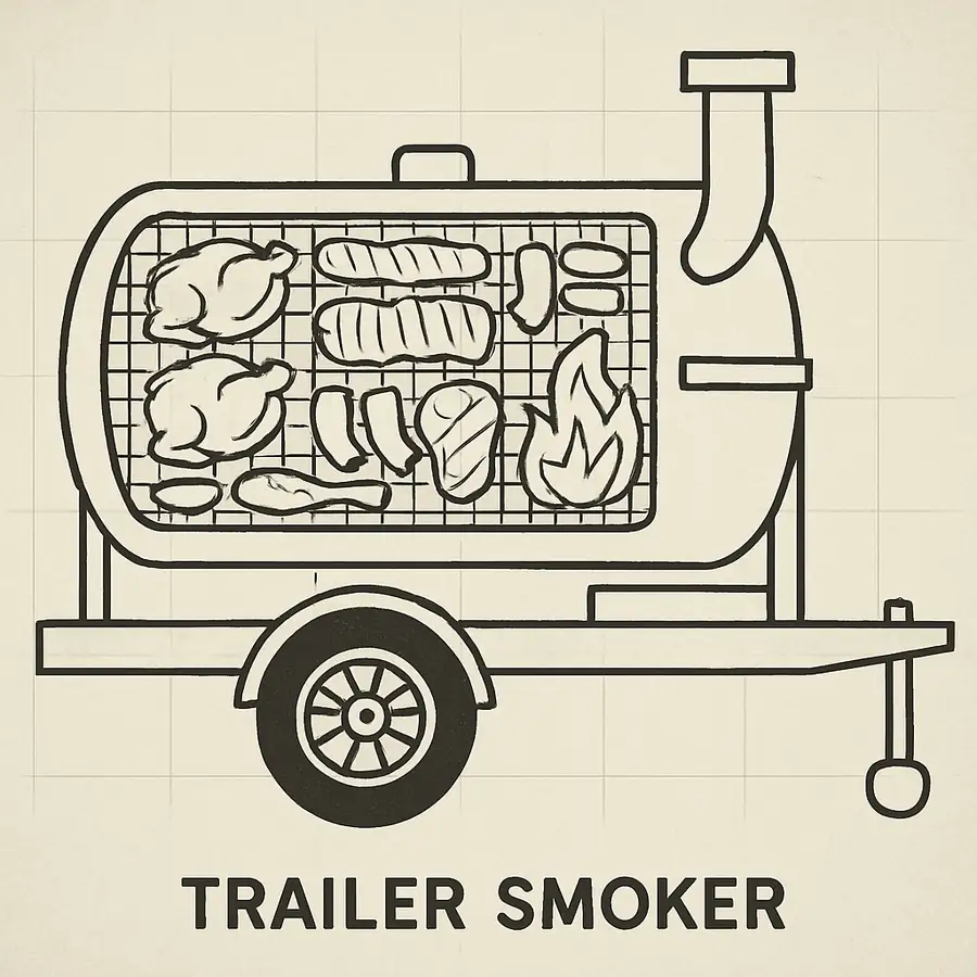 A top-down blueprint view of a trailer smoker showing the cooking grate layout and how food is positioned.