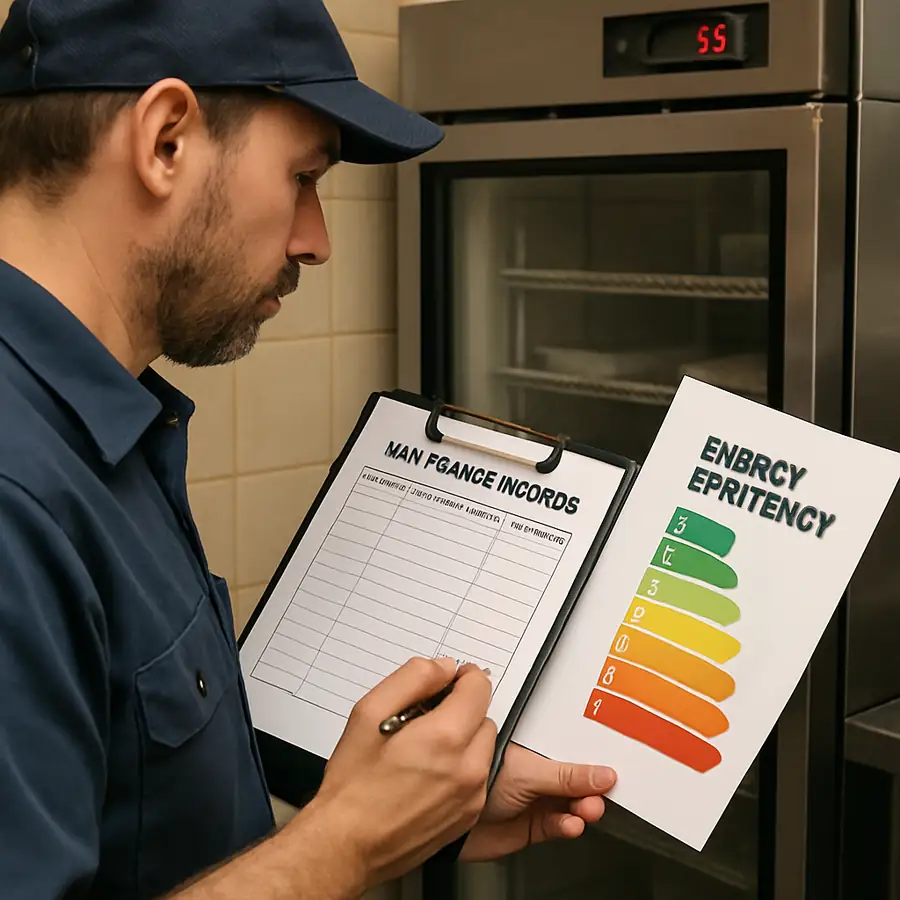 A technician reviewing maintenance records and energy efficiency charts for a restaurant cooler