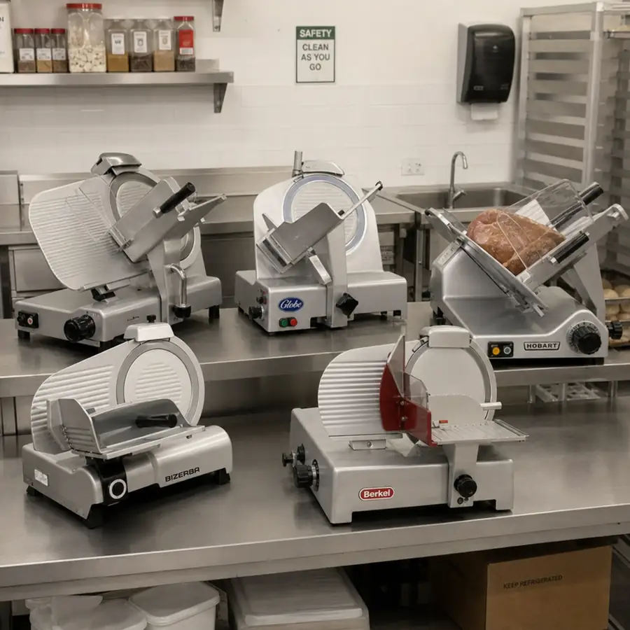 Various types of commercial meat slicers arranged in a kitchen