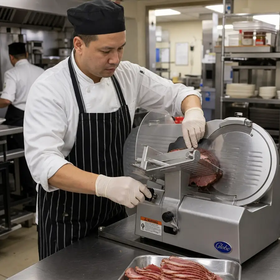 A professional chef using a commercial meat slicer in a busy kitchen