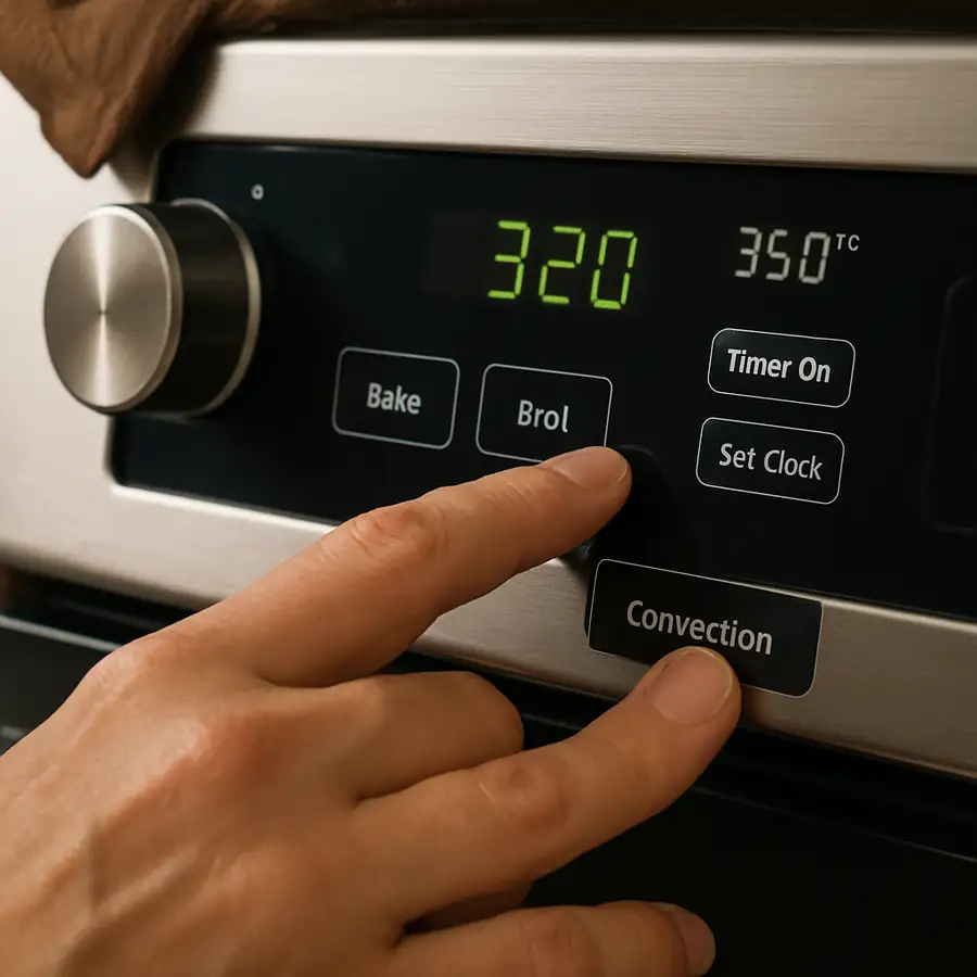 A close-up of a home cook's hand hesitating over a 'Convection' button on a modern oven range.