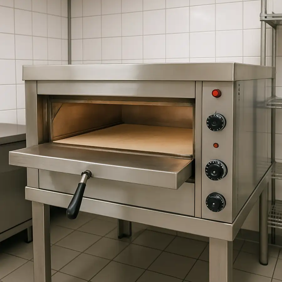 A clean, well-lit photo of a classic stainless steel deck pizza oven in a commercial kitchen