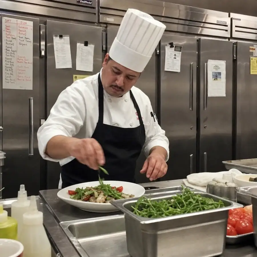 Busy chef working in a commercial kitchen surrounded by stainless steel refrigerators