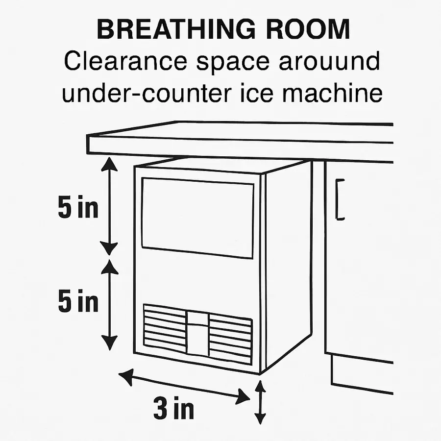 A diagram showing the required 'breathing room' or clearance space around an under-counter ice machine.