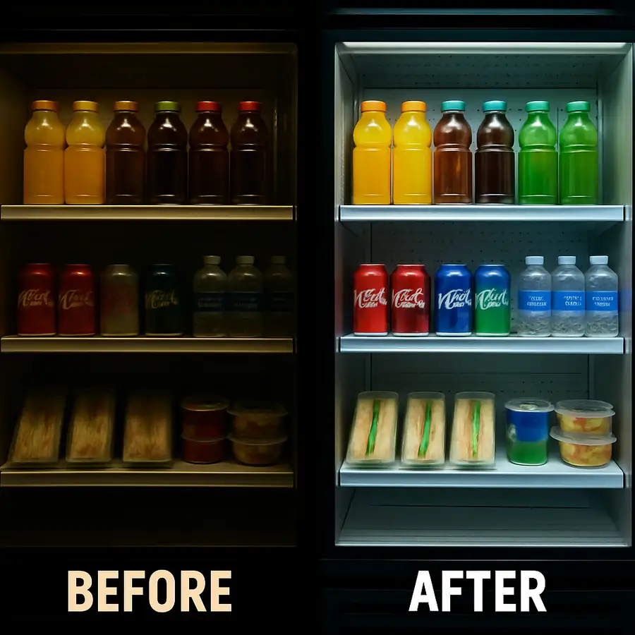 A dramatic before-and-after style image. Left side shows a cooler with dim, yellow-ish fluorescent light where products look dull. Right side shows the same cooler brightly lit with crisp, white LED light, making colorful drinks and food 'pop.'