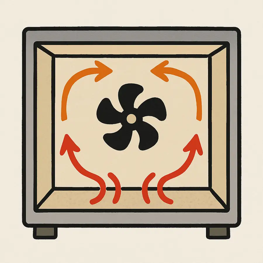 Diagram showing the internal fan and air circulation of a convection oven