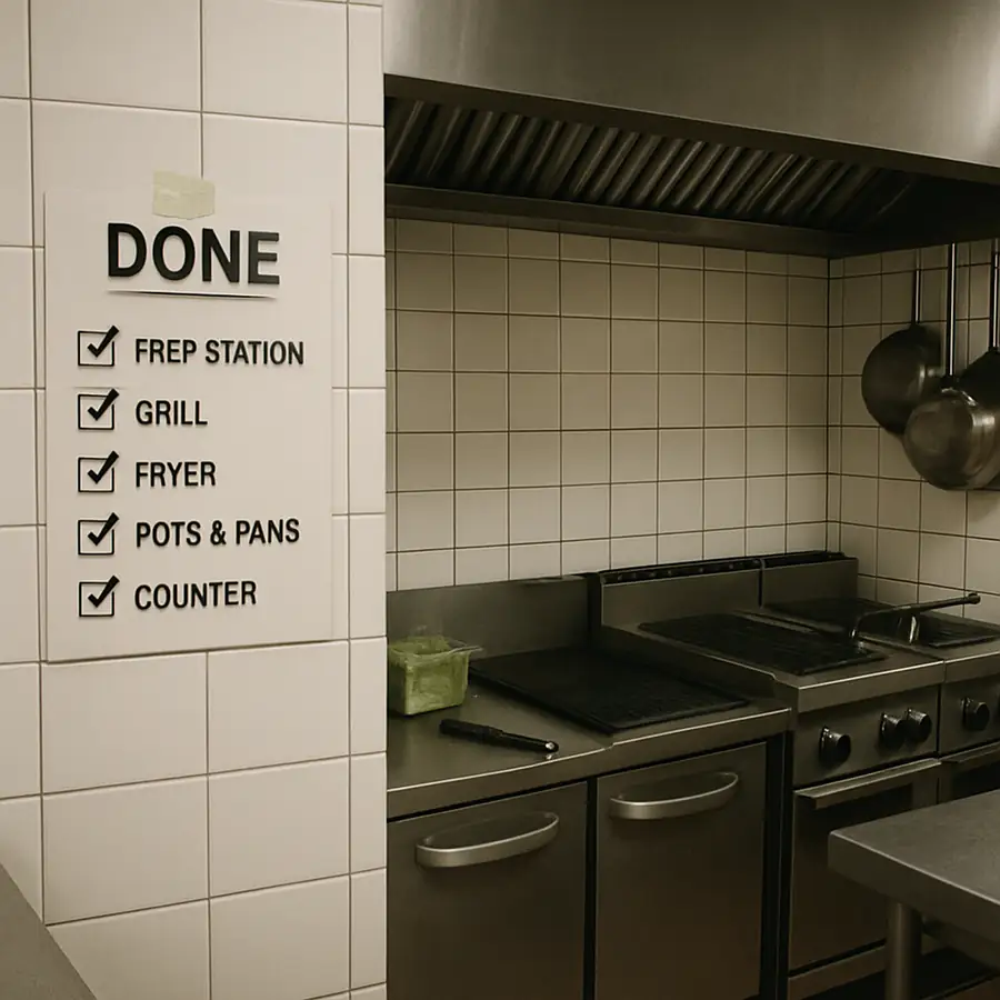 A 'Done' checklist or an organized kitchen ready for its first customer.