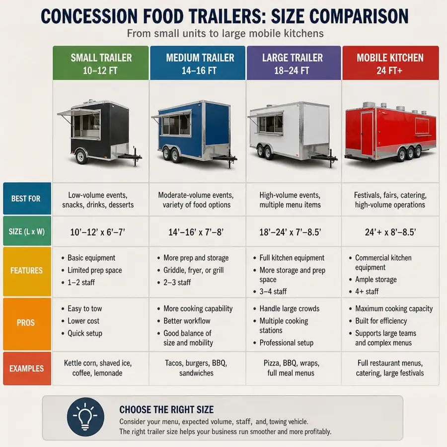 Comparing different sizes of concession food trailers, from small units to large mobile kitchens