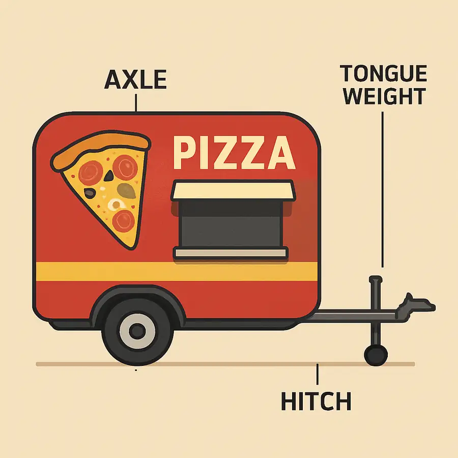 A side-view illustration of a pizza trailer with callouts for the axle, hitch, and tongue weight.