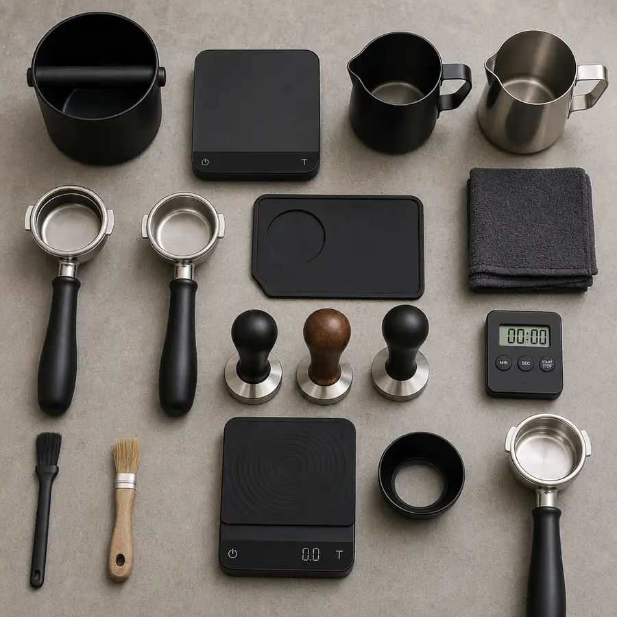 Flat lay of essential coffee shop equipment including tampers, pitchers, scales, and portafilters