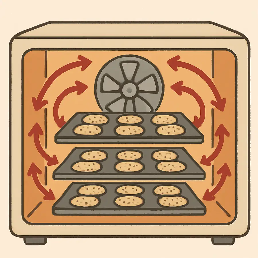 A simplified cutaway illustration showing a fan at the back of an oven pushing air in circular paths around three different racks of cookies.